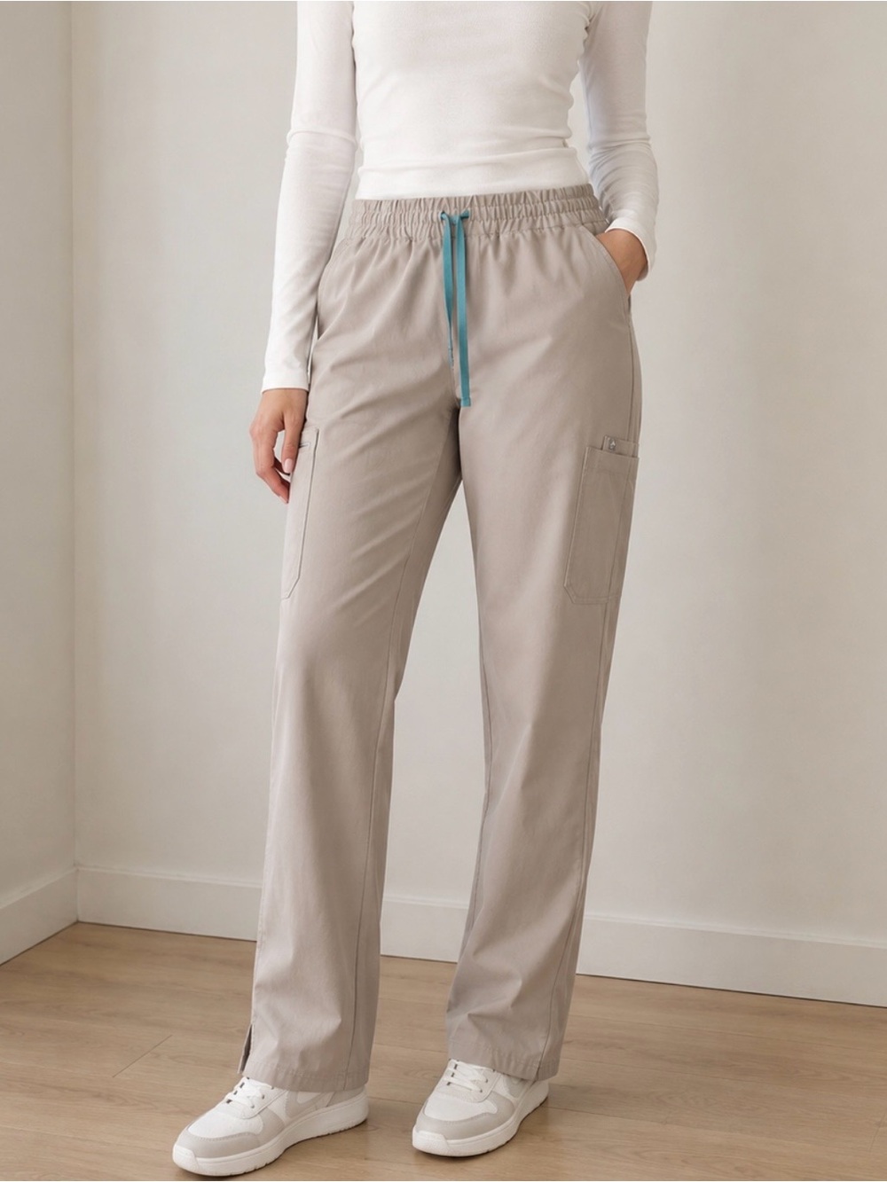 Figs Taupe Drawstring Joggers with Teal Cord
